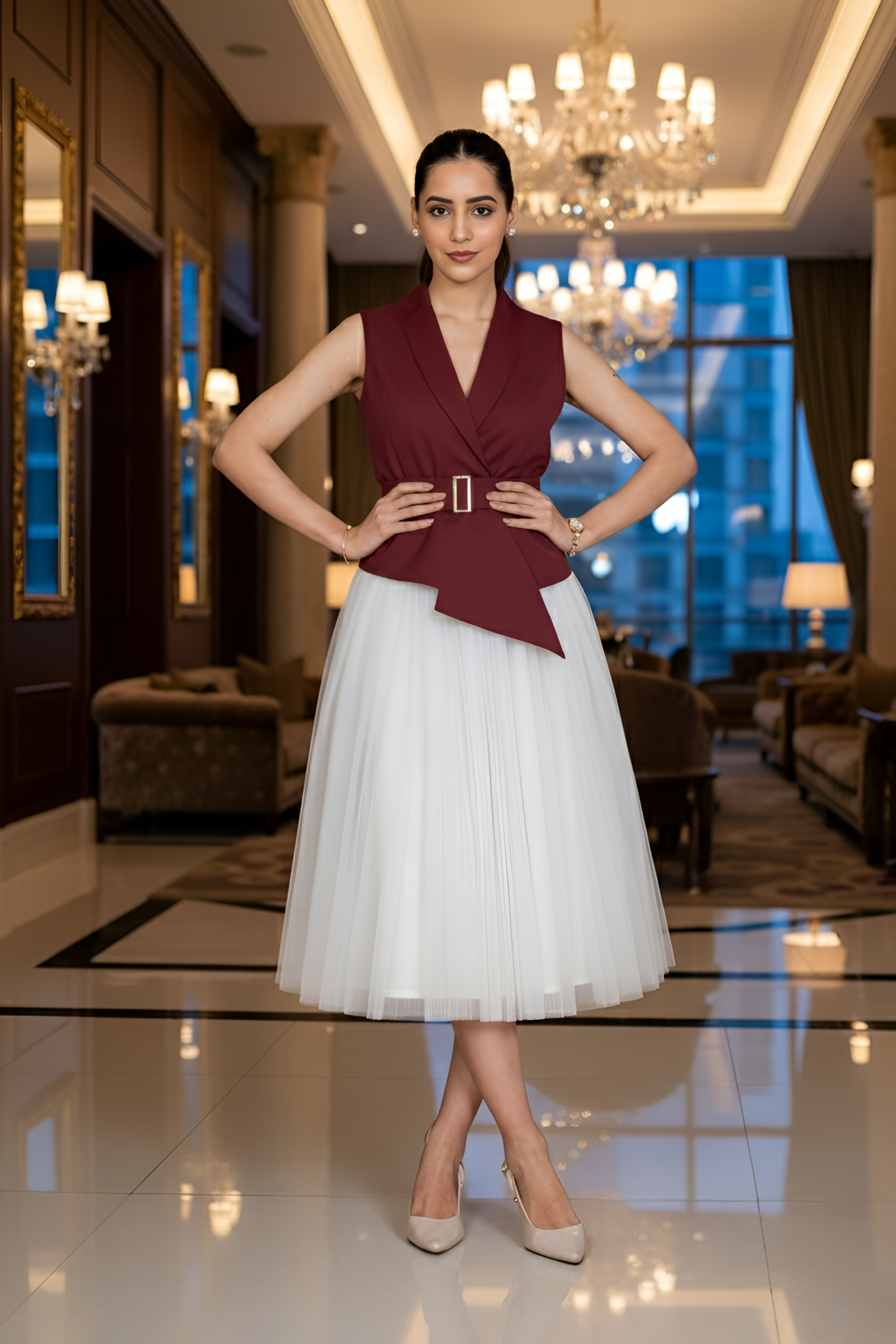 Ivory Skirt & Wine Waist coat – Classic Contrast